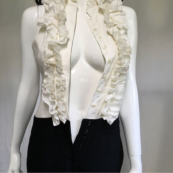 BCBGMaxazria Victorian Ruffle Wide-Leg Jumpsuit White Black 2 - Picture 7 of 11